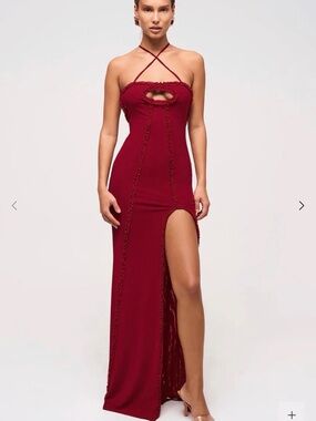 Murci Strappy Burgundy Maxi Dress with Front Keyhole and Thigh Slit
